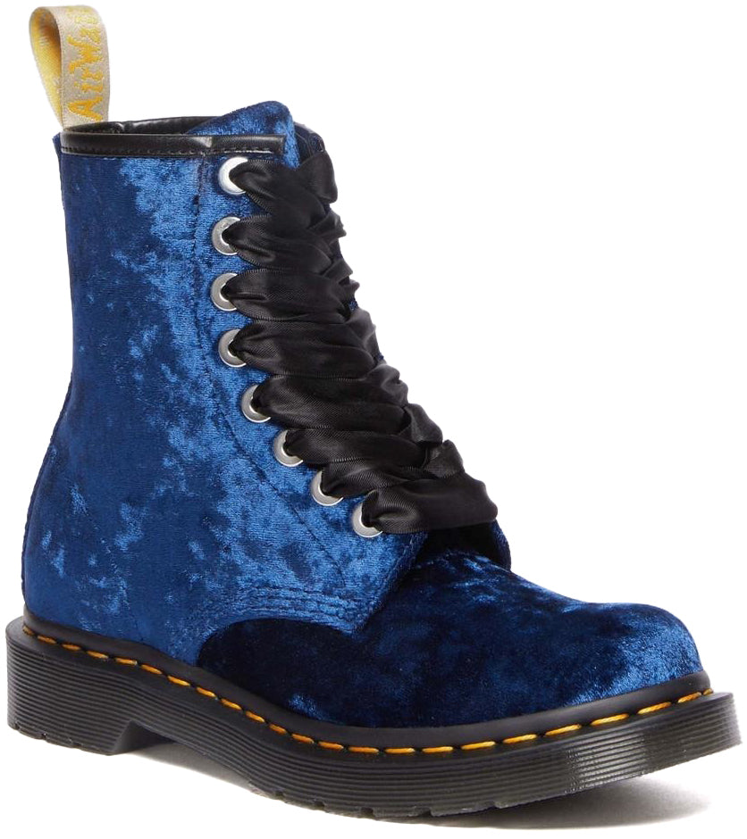 Vegan 1460 Women's Crushed Velvet Lace Up Boots in Deep Blue
